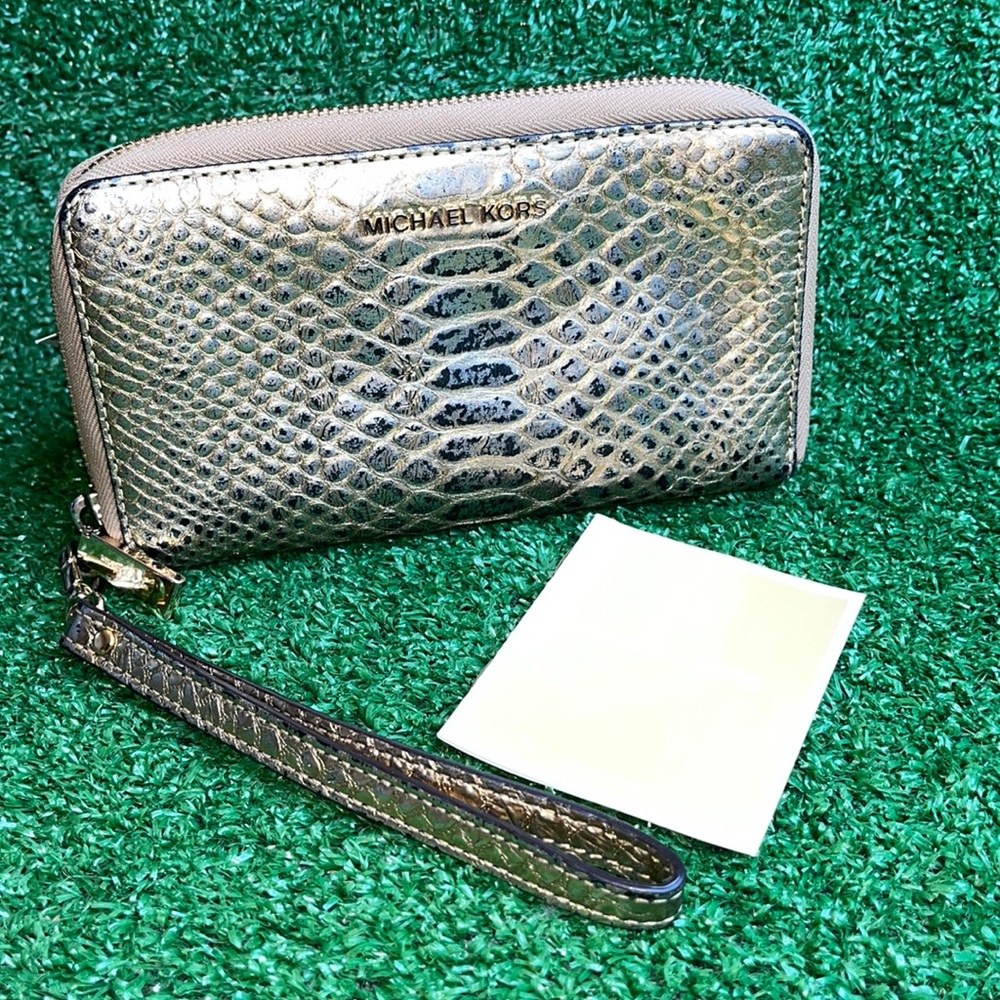Michael Kors Gold Metallic Snake Zip Around Wallet/Wristlet